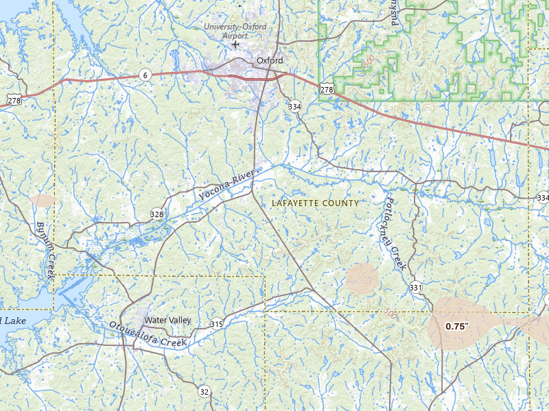 Radar-estimated hail-size map of the storm over Oxford, MS on Jul 31, 2026