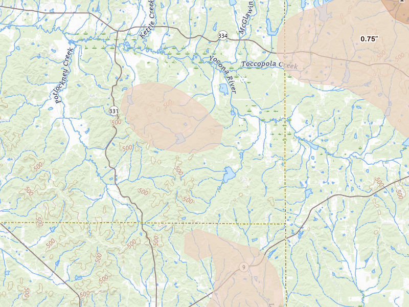 Radar-estimated hail-size map of the storm over Oxford, MS on Aug 20, 2026