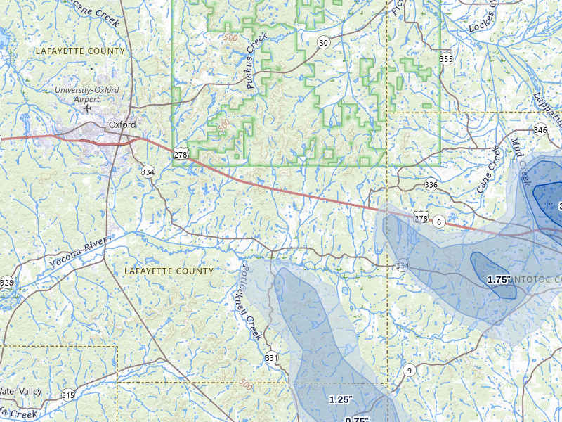 NEXRAD radar-signature map of the hail storm over Oxford, MS on Aug 20, 2026