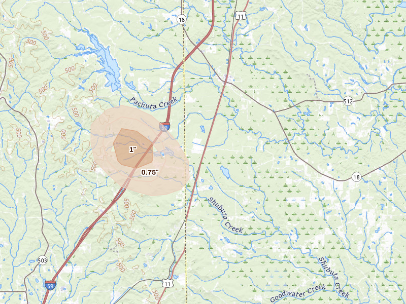 Radar-estimated hail-size map of the storm over Pachuta, MS on Aug 18, 2026