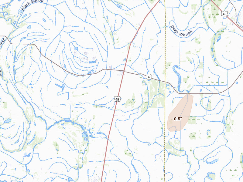 Radar-estimated hail-size map of the storm over Parchman, MS on Jul 4, 2026