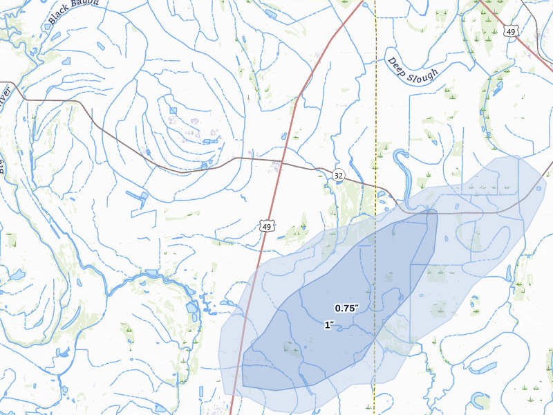 NEXRAD radar-signature map of the hail storm over Parchman, MS on Jul 4, 2026