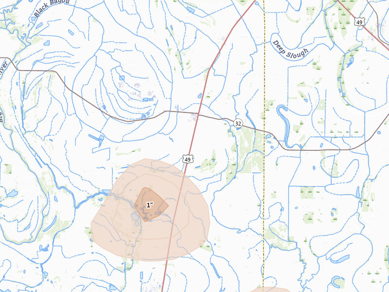 Radar-estimated hail-size map of the storm over Parchman, MS on Aug 26, 2026