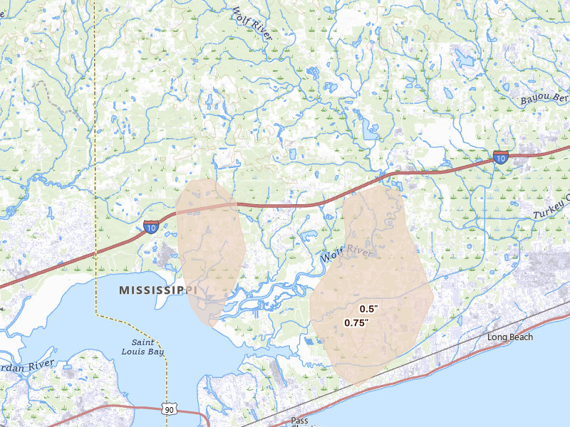 Radar-estimated hail-size map of the storm over Pass Christian, MS on Mar 20, 2026