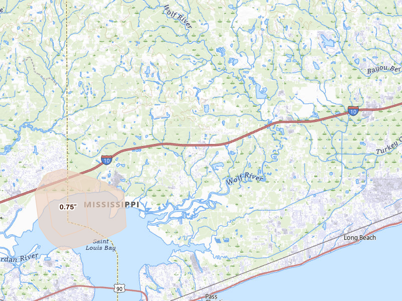 Radar-estimated hail-size map of the storm over Pass Christian, MS on Apr 1, 2026