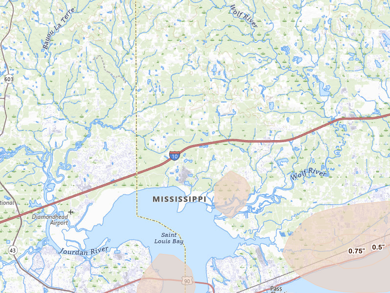 Radar-estimated hail-size map of the storm over Pass Christian, MS on Aug 26, 2026