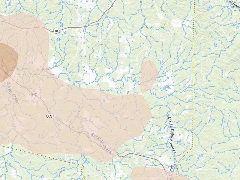 Radar-estimated hail-size map of the storm over Pattison, MS on Apr 24, 2026