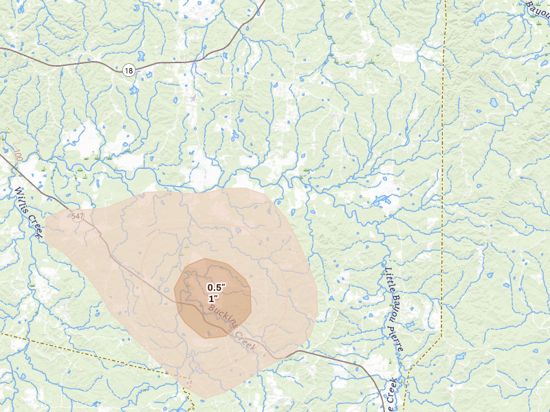 Radar-estimated hail-size map of the storm over Pattison, MS on Jul 1, 2026