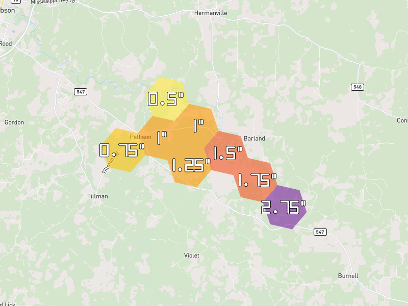 Hail map of Pattison, MS on Jul 1, 2026, hail up to 2.75"
