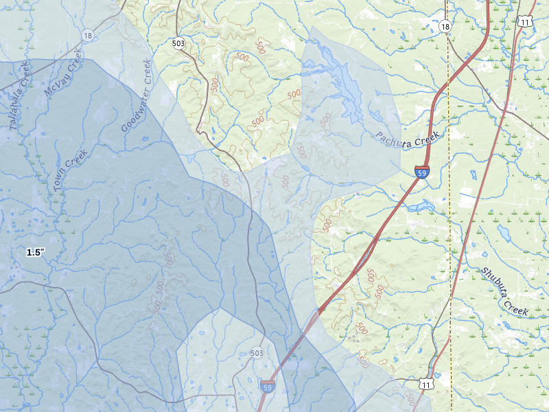 NEXRAD radar-signature map of the hail over Paulding, MS