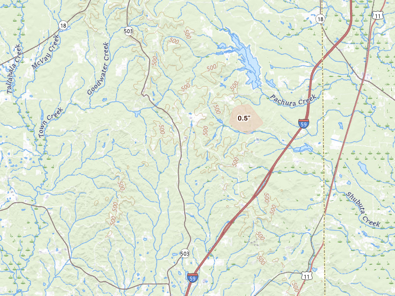 Radar-estimated hail-size map of the storm over Paulding, MS on Jul 3, 2026