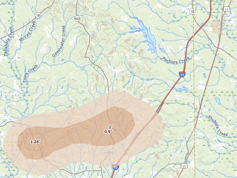Radar-estimated hail-size map of the storm over Paulding, MS on Aug 20, 2026
