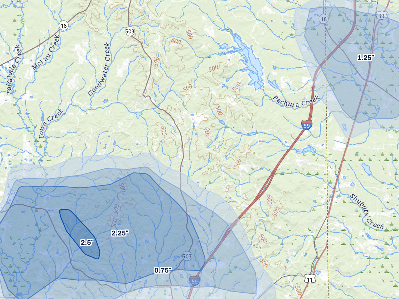 NEXRAD radar-signature map of the hail storm over Paulding, MS on Aug 20, 2026