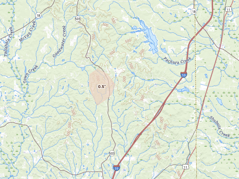 Radar-estimated hail-size map of the storm over Paulding, MS