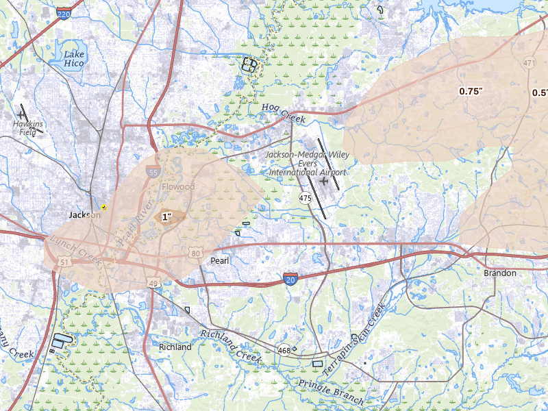 Radar-estimated hail-size map of the storm over Pearl, MS on Apr 24, 2026
