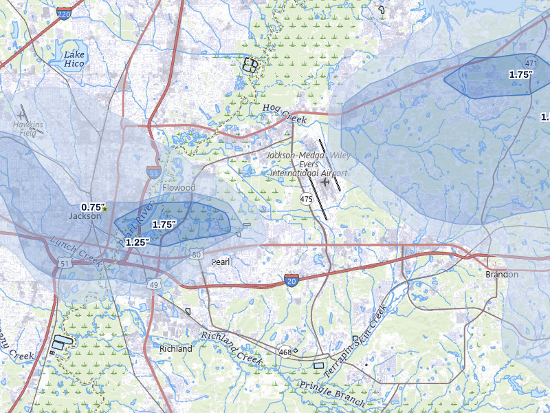 NEXRAD radar-signature map of the hail over Pearl, MS