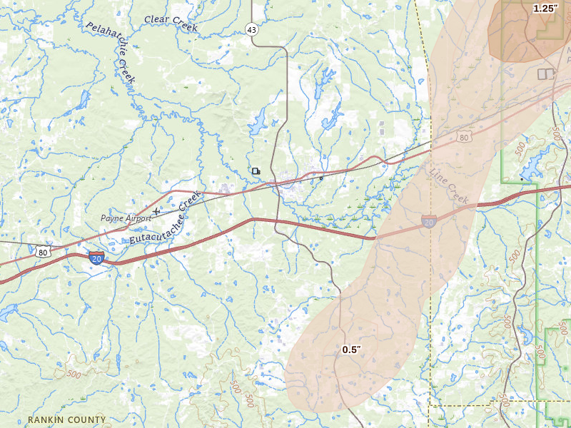 Radar-estimated hail-size map of the storm over Pelahatchie, MS on Mar 7, 2026