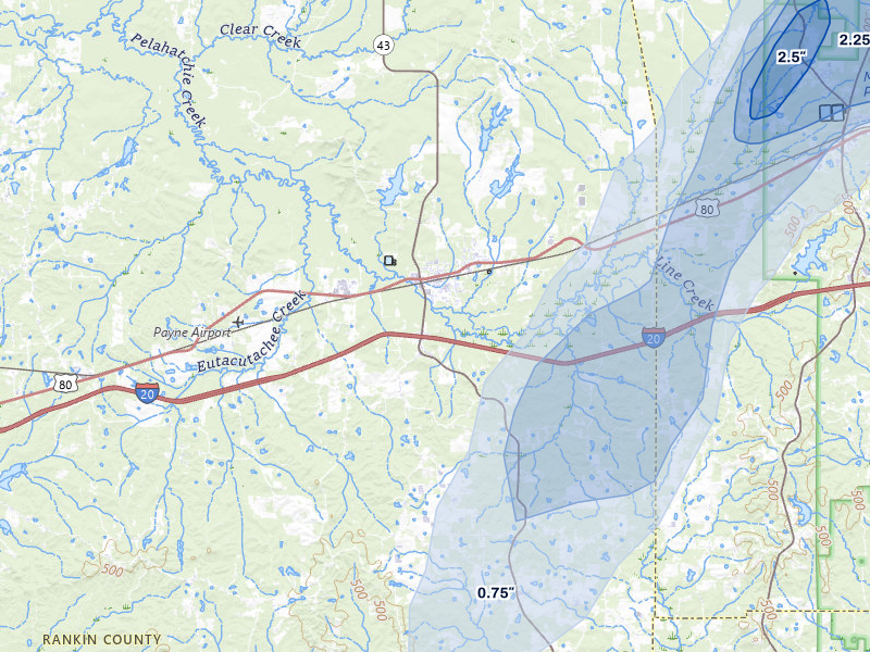 NEXRAD radar-signature map of the hail storm over Pelahatchie, MS on Mar 7, 2026