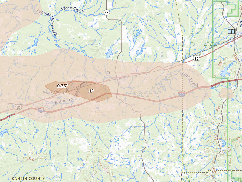 Radar-estimated hail-size map of the storm over Pelahatchie, MS on Apr 24, 2026