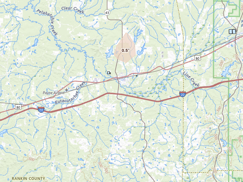 Radar-estimated hail-size map of the storm over Pelahatchie, MS on May 23, 2026
