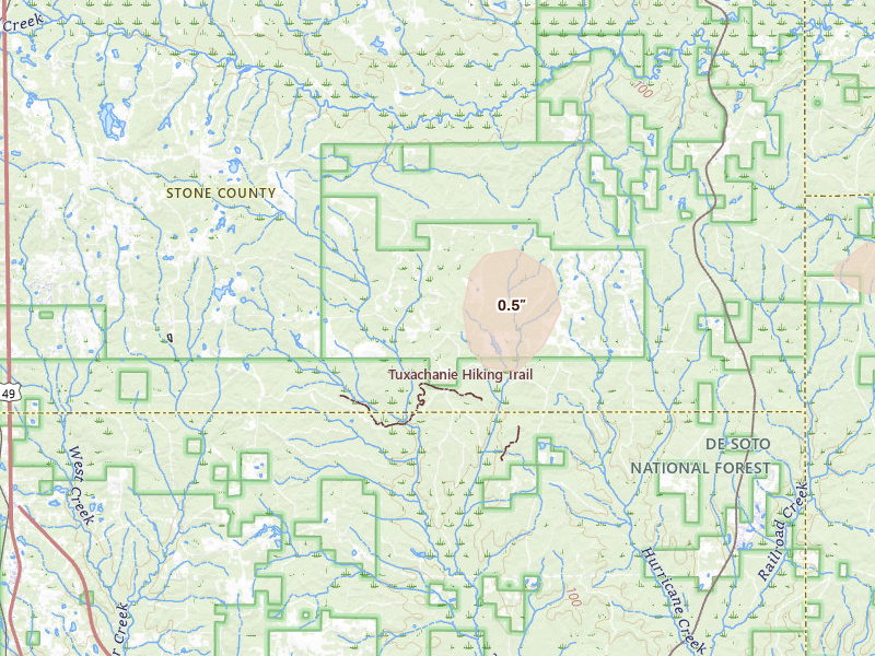 Radar-estimated hail-size map of the storm over Perkinston, MS on Mar 15, 2026