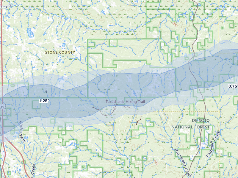 NEXRAD radar-signature map of the hail over Perkinston, MS