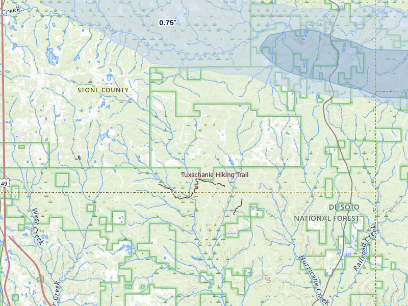 NEXRAD radar-signature map of the hail storm over Perkinston, MS on May 7, 2026