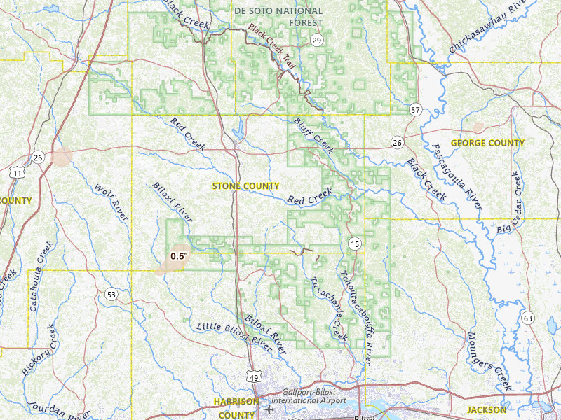 Radar-estimated hail-size map of the storm over Perkinston, MS on May 22, 2026