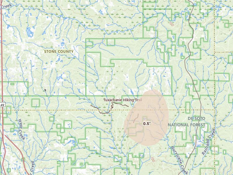 Radar-estimated hail-size map of the storm over Perkinston, MS on Jun 2, 2026