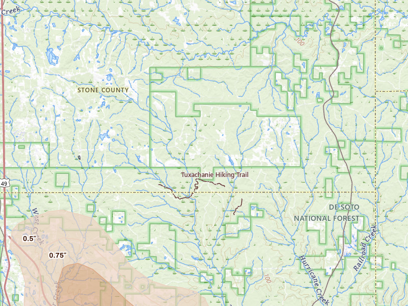 Radar-estimated hail-size map of the storm over Perkinston, MS on Jun 24, 2026