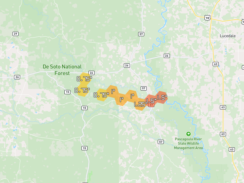 Hail map of Perkinston, MS on Jul 1, 2026, hail up to 1.5"
