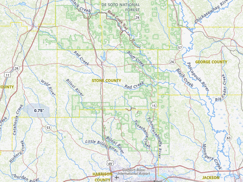NEXRAD radar-signature map of the hail over Perkinston, MS