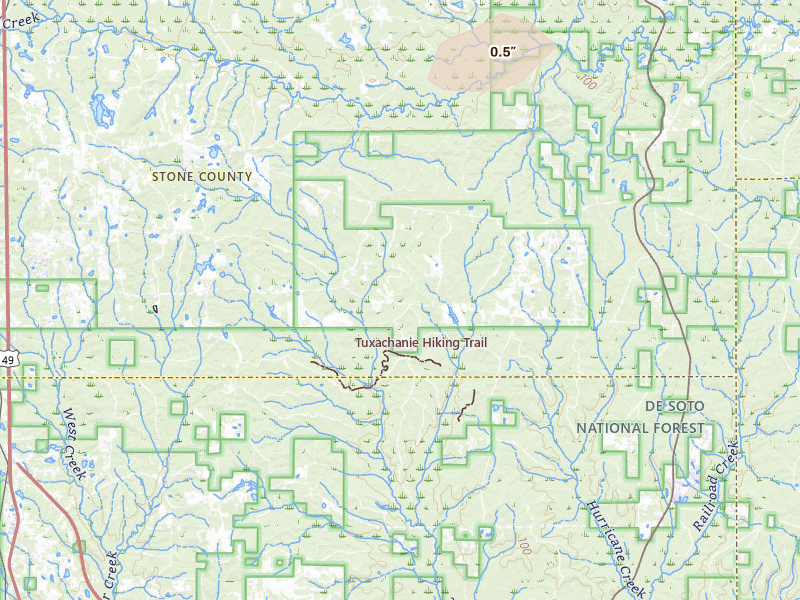 Radar-estimated hail-size map of the storm over Perkinston, MS on Jul 5, 2026