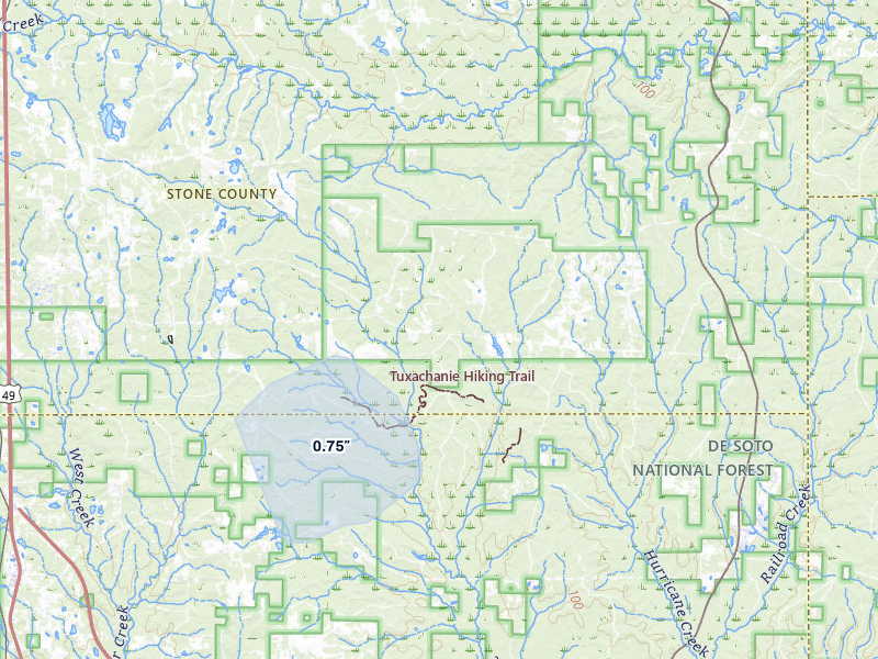 NEXRAD radar-signature map of the hail storm over Perkinston, MS on Jul 6, 2026