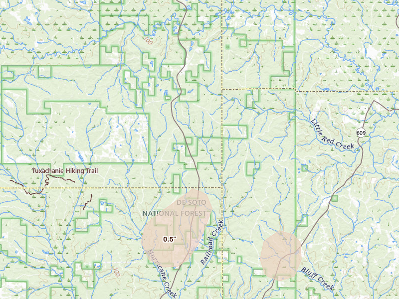 Radar-estimated hail-size map of the storm over Perkinston, MS on Aug 16, 2026