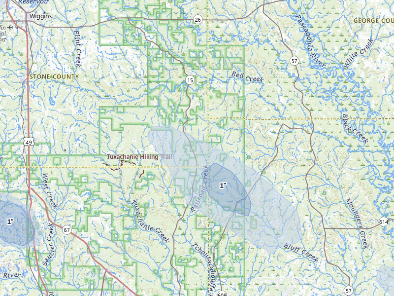 NEXRAD radar-signature map of the hail storm over Perkinston, MS on Aug 16, 2026