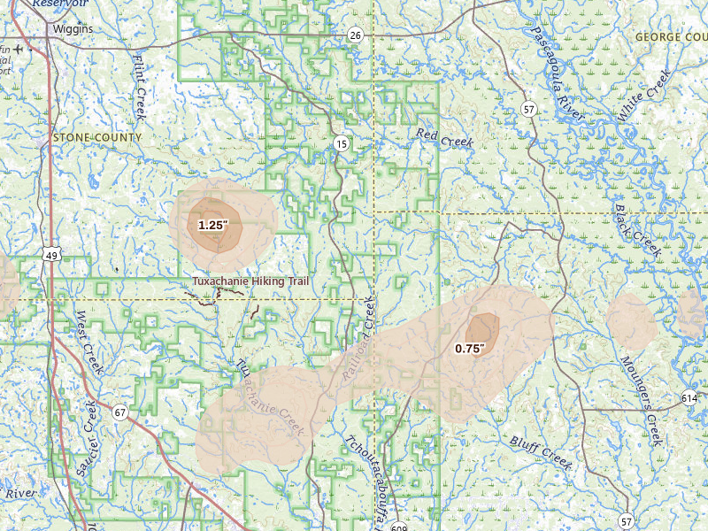 Radar-estimated hail-size map of the storm over Perkinston, MS on Aug 17, 2026