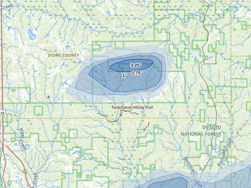 NEXRAD radar-signature map of the hail storm over Perkinston, MS on Aug 17, 2026