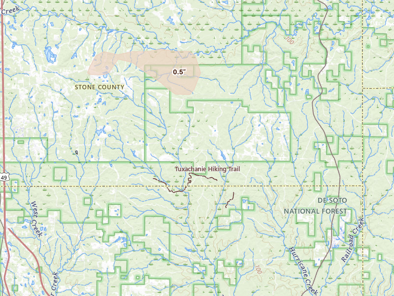 Radar-estimated hail-size map of the storm over Perkinston, MS on Sep 2, 2026