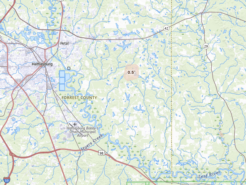Radar-estimated hail-size map of the storm over Petal, MS on May 22, 2026