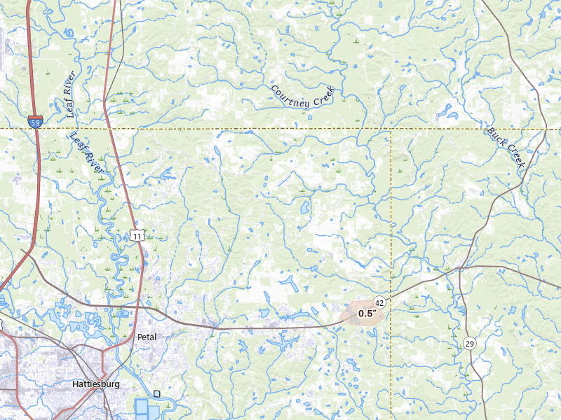 Radar-estimated hail-size map of the storm over Petal, MS on Aug 6, 2026