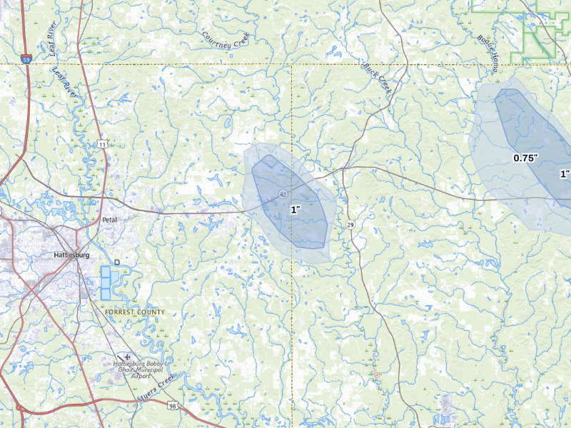 NEXRAD radar-signature map of the hail storm over Petal, MS on Aug 6, 2026