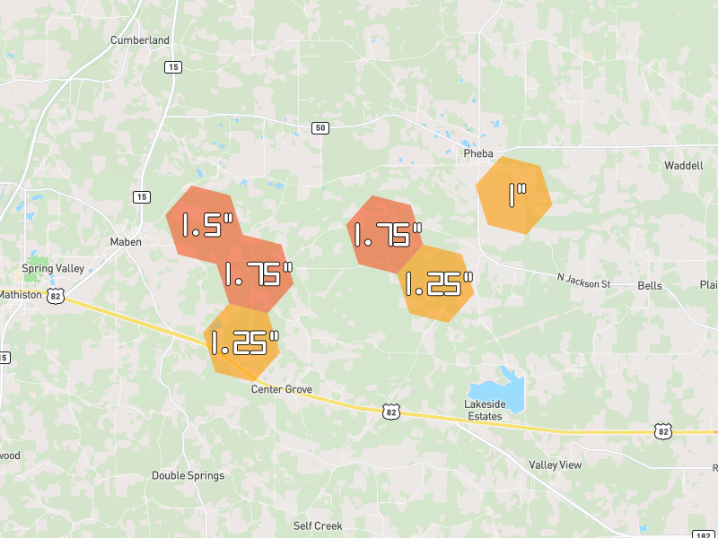 Hail map of Pheba, MS on Jul 1, 2026, hail up to 1.75"