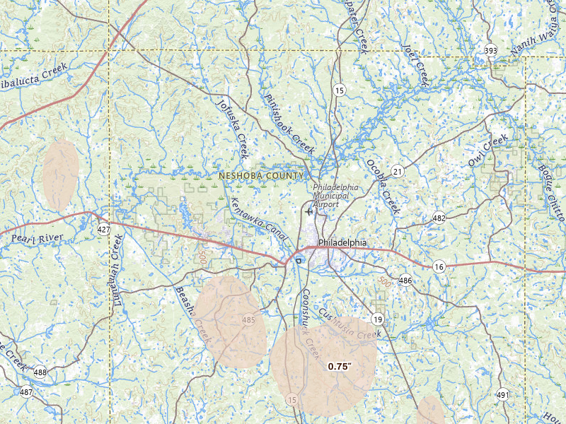Radar-estimated hail-size map of the storm over Philadelphia, MS on Mar 7, 2026
