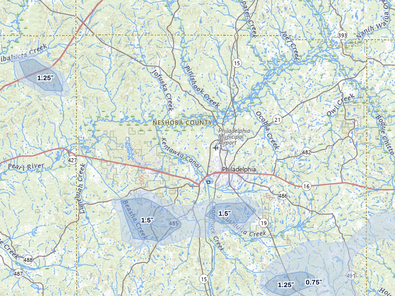NEXRAD radar-signature map of the hail storm over Philadelphia, MS on Mar 7, 2026