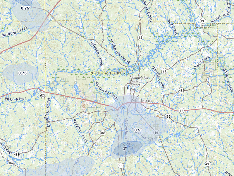 NEXRAD radar-signature map of the hail over Philadelphia, MS