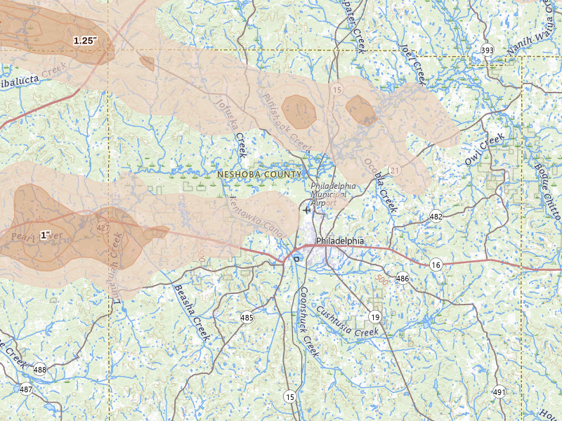 Radar-estimated hail-size map of the storm over Philadelphia, MS on Apr 28, 2026