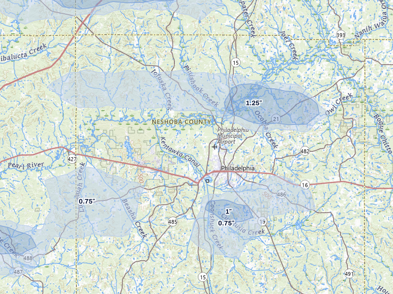 NEXRAD radar-signature map of the hail storm over Philadelphia, MS on Apr 28, 2026