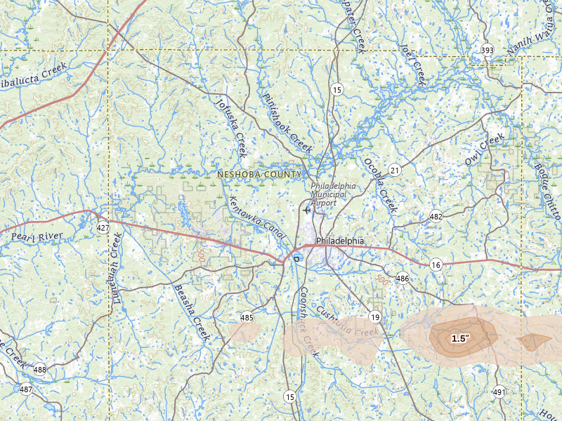 Radar-estimated hail-size map of the storm over Philadelphia, MS on Apr 29, 2026