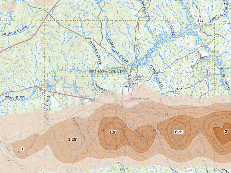 Radar-estimated hail-size map of the storm over Philadelphia, MS on May 6, 2026